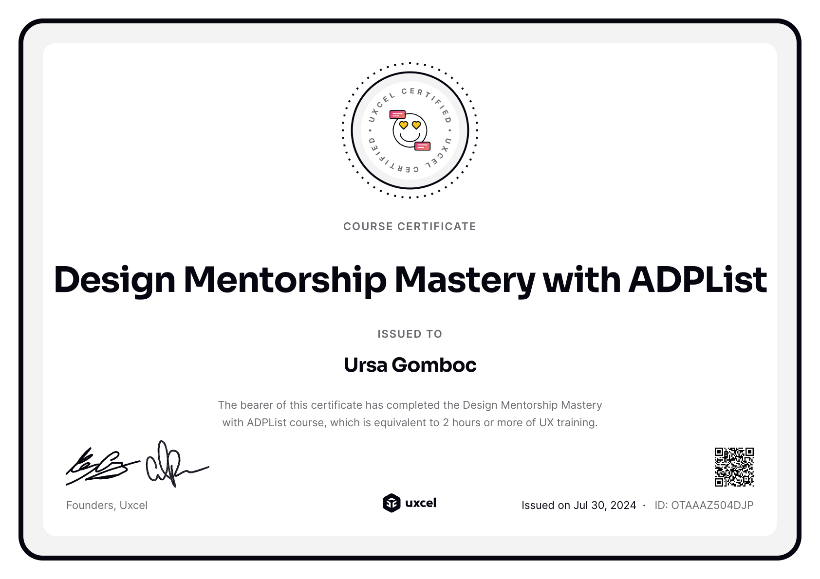 Ursa Gomboc's certificate